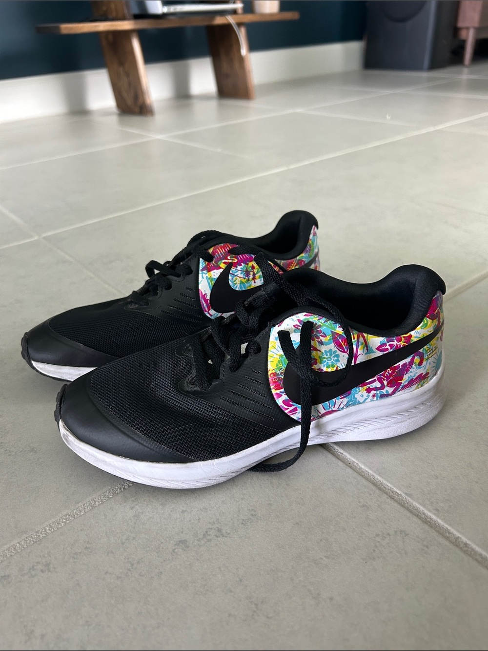Nike Kids Black Sneakers with Multicolor Floral Swoosh